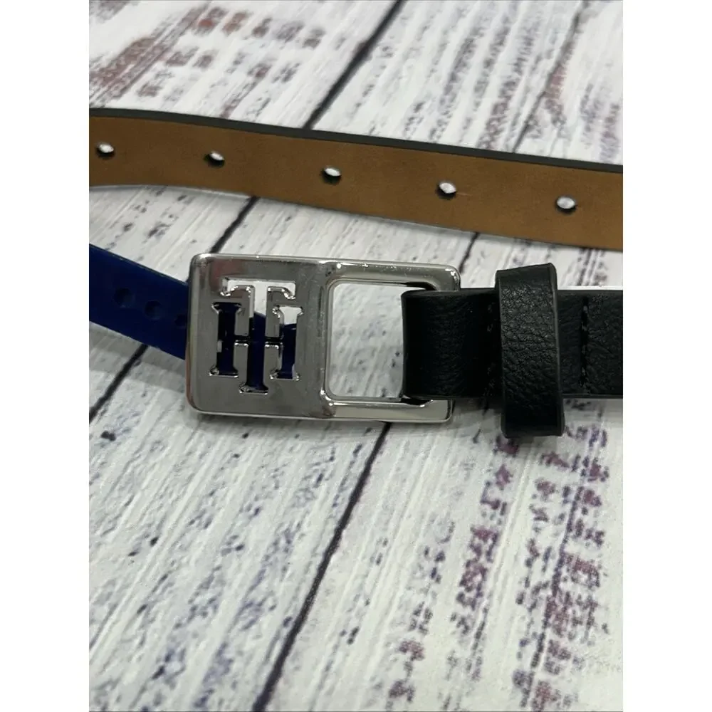 Tommy Hilfiger Womens Black Synthetic Leather‎ Silver Logo Buckle Dress Belt XS